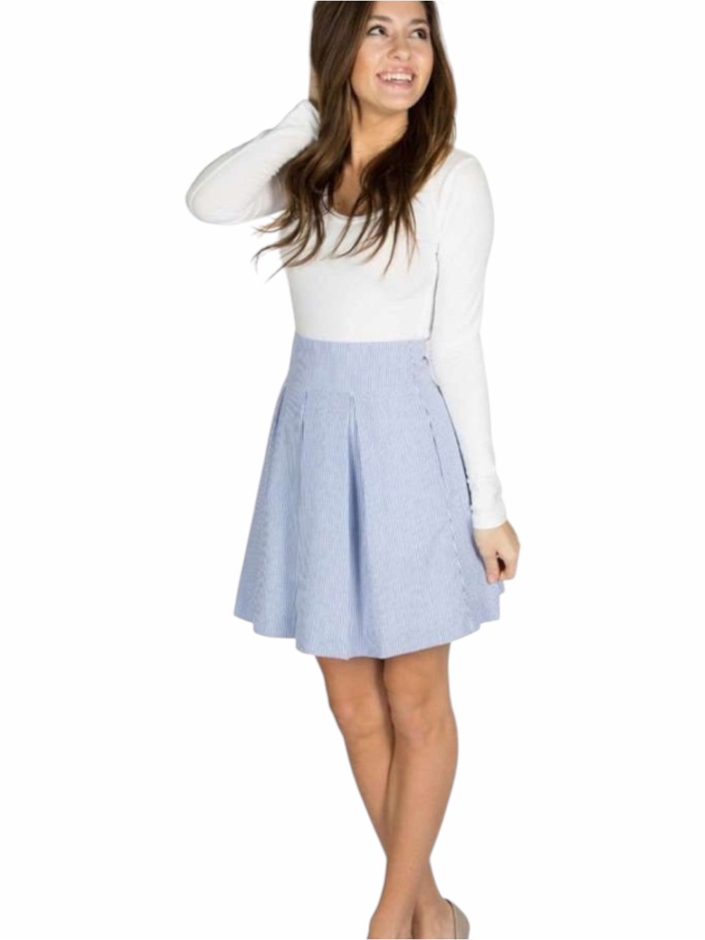 Lauren James Blue White Striped Pleated Seersucker A-Line Skirt Preppy S
